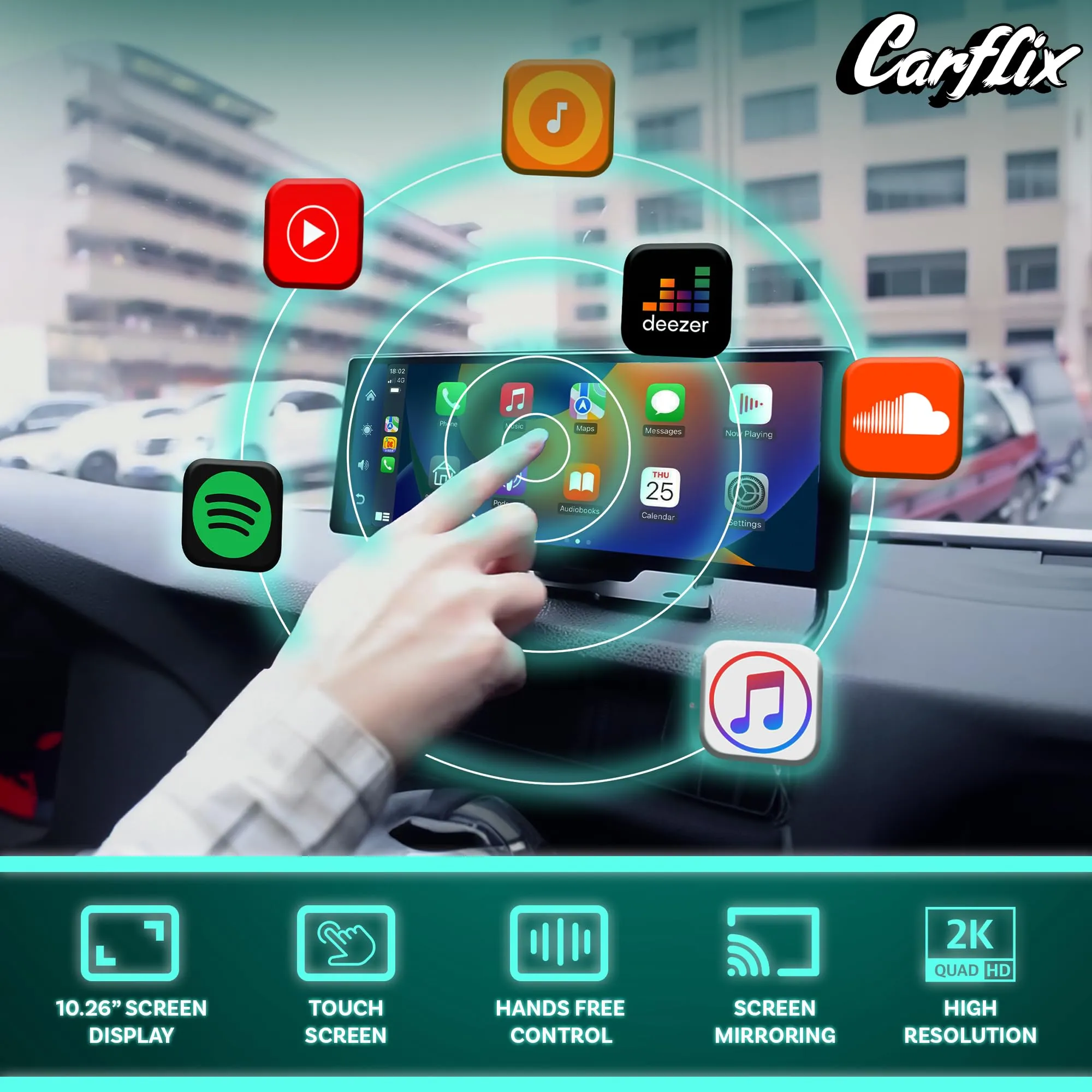 Carflix Portable Wireless CarPlay Screen for Car- 10.26 Inch Car Play Screen & Stereo Compatible with Android Auto and Apple CarPlay - Multimedia Player, Bluetooth, Navigation Screen for All Vehicles