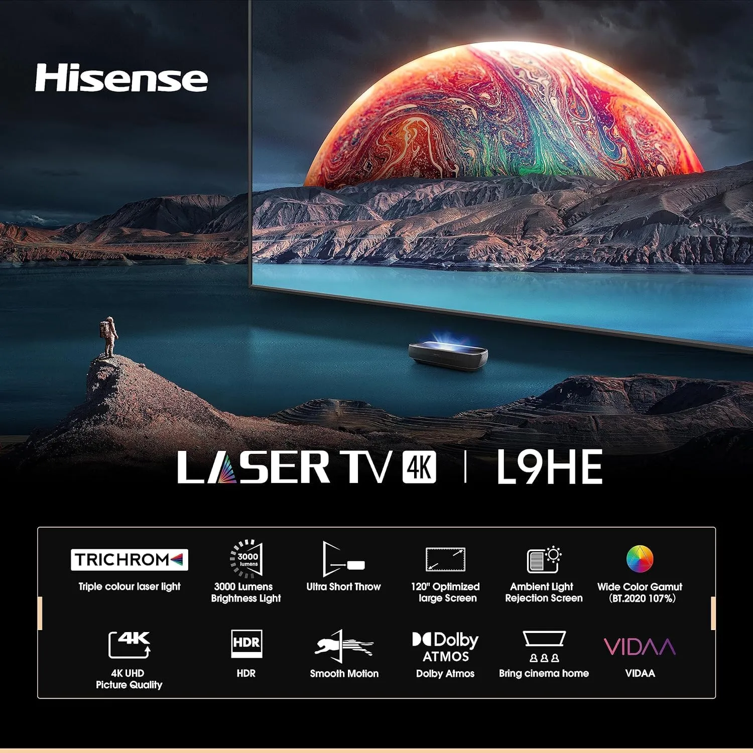 Hisense 305 cm (120 inches) Trichrom ALR Screen Series 4K Ultra HD Smart Laser TV 120L9HE (Black)