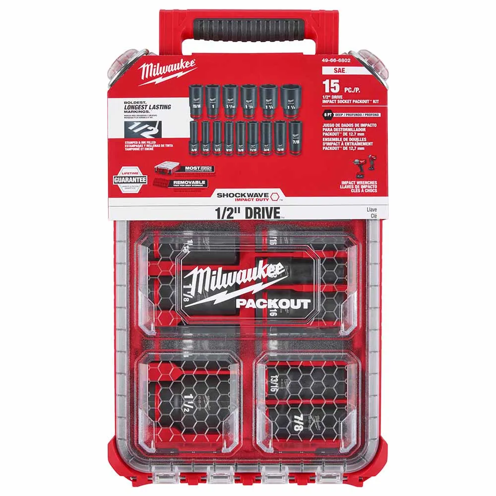 Milwaukee 49-66-6802 Shockwave Impact Duty Socket 1/2" Drive 15-Piece SAE Packout Set