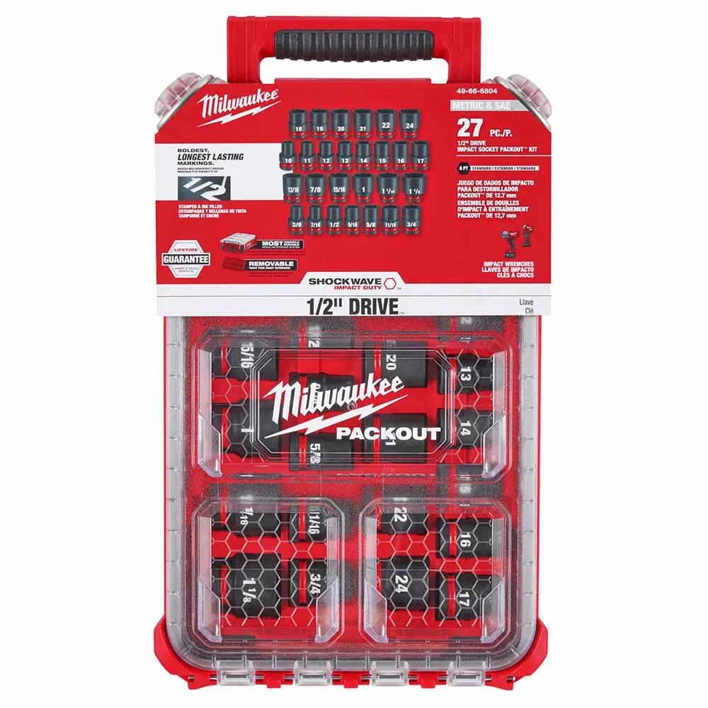 Milwaukee 49-66-6804 Shockwave Impact Duty Socket 1/2" Drive 27-Piece MM Packout Set