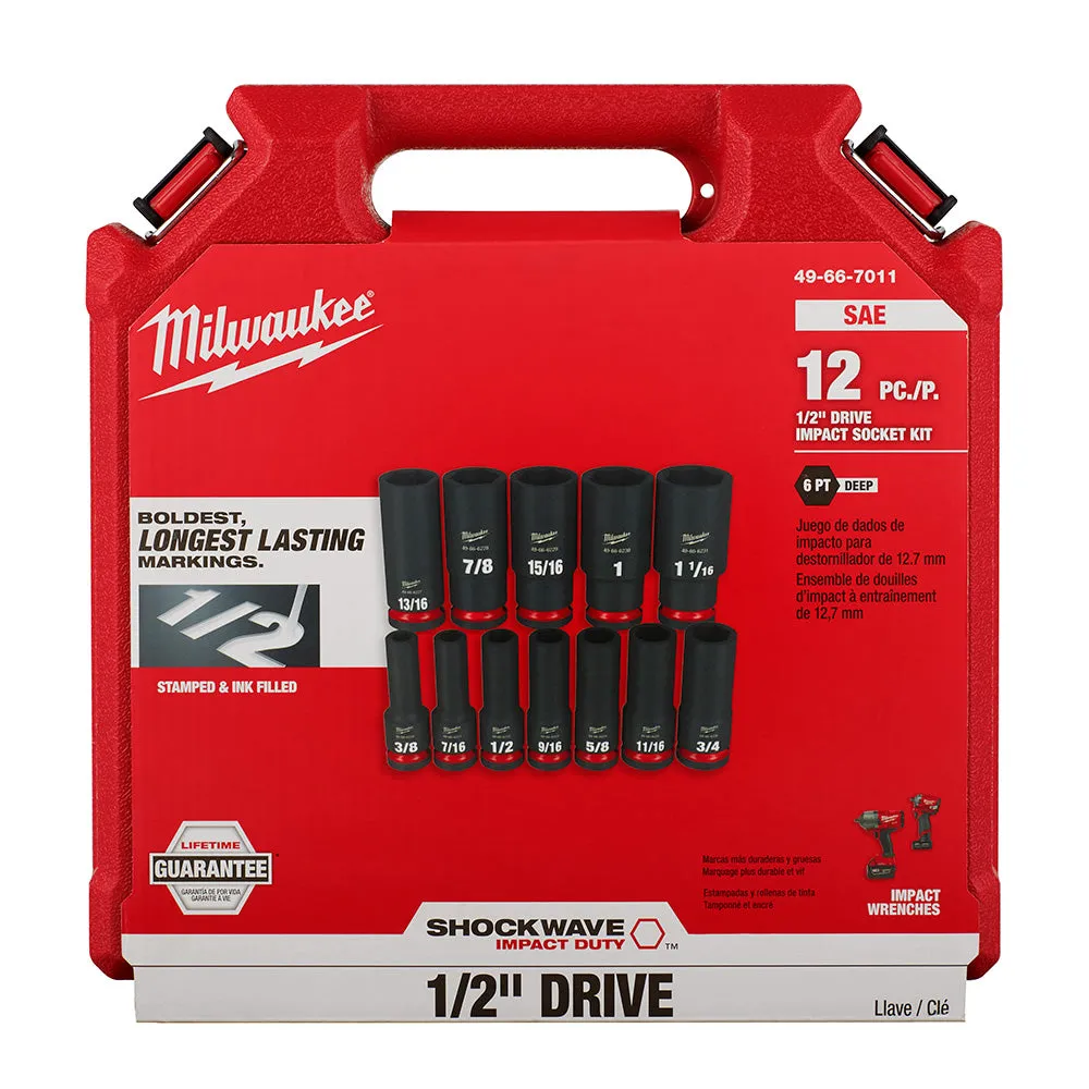 Milwaukee 49-66-7011 12PCSHOCKWAVE Impact Duty™ 1/2" Drive SAE Deep 6 Point Socket Set