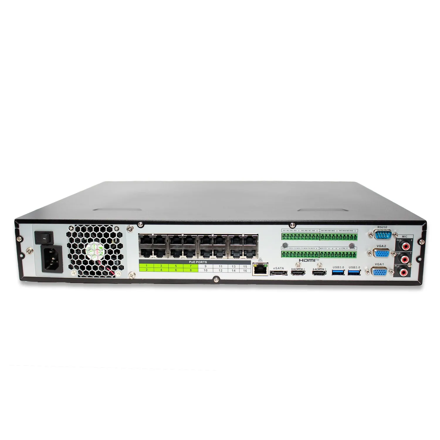 MNR5432-16P-AI | 32 Channel 4K H.265  Pro-AI NVR with 80TB (4x20TB) HDD Max Internal Capacity, eSATA Expandable - HDDs Not Included