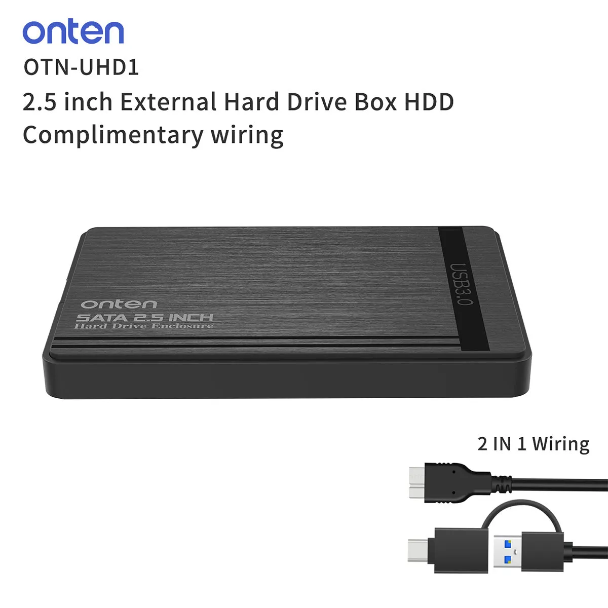 Onten UHD1 2.5 inch External Hard Drive Box with 2 in 1 Cable