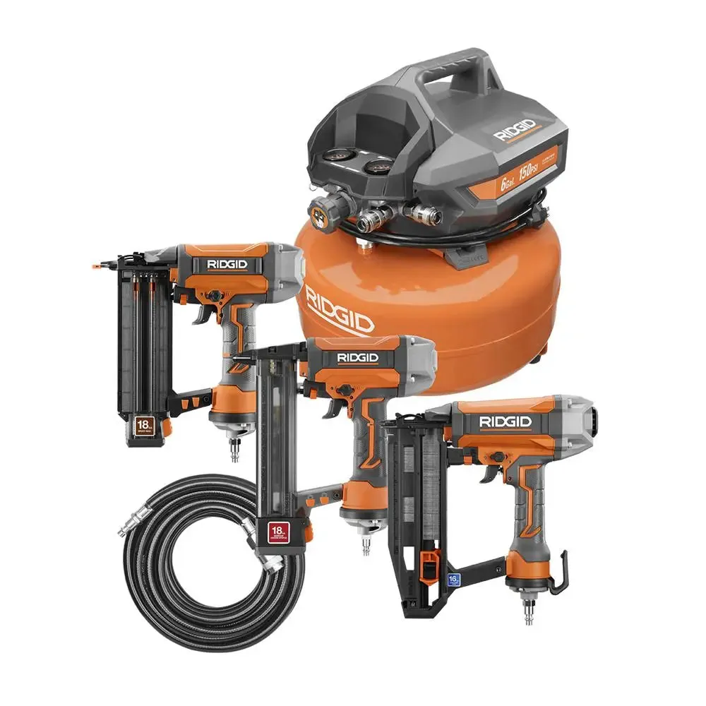 Open Box -  RIDGID 6 Gal. Portable Electric Pancake Air Compressor with 18-Gauge Brad Nailer and 16-Gauge Straight Finish Nailer Kit